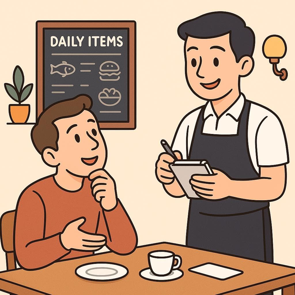 A customer at a restaurant asking a waiter a question with a specials board in the background