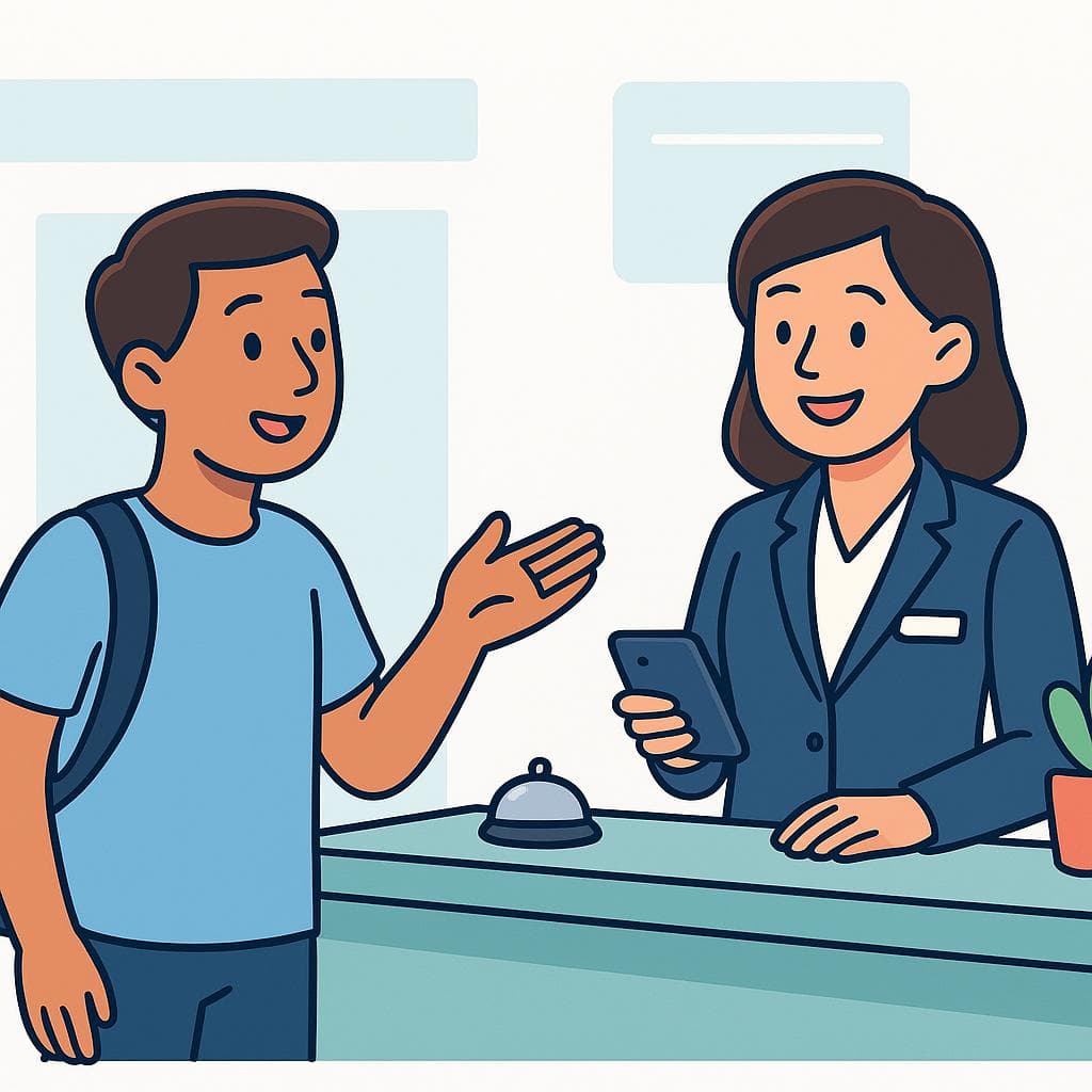 A cartoon of a hotel guest asking the concierge to call a taxi.