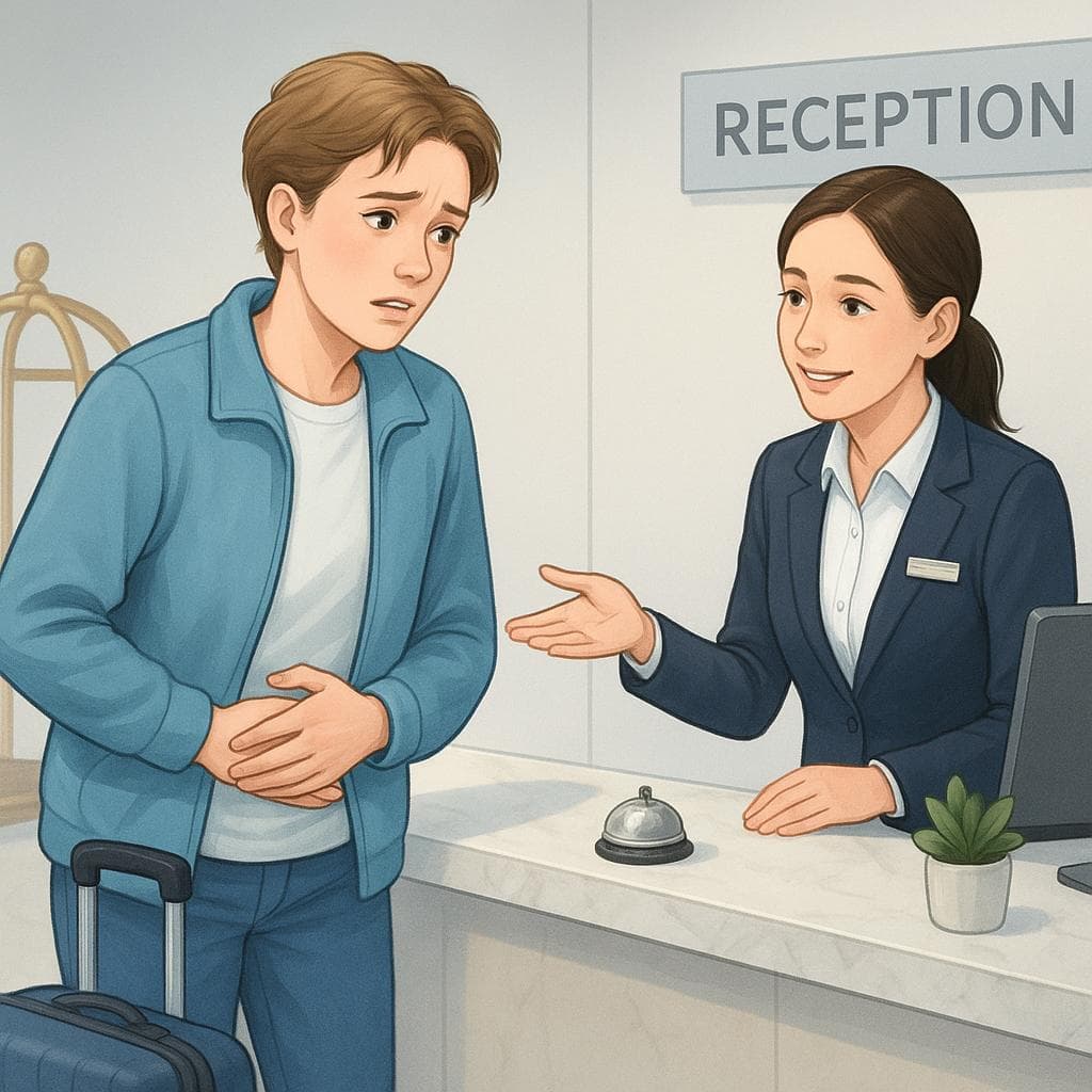Illustration of a traveler asking a receptionist for medical help