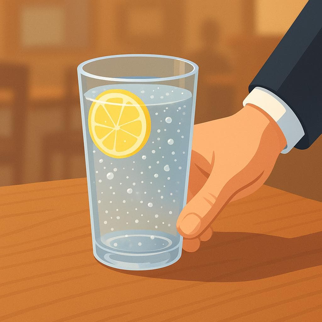 A glass of sparkling water with lemon being served at a restaurant table