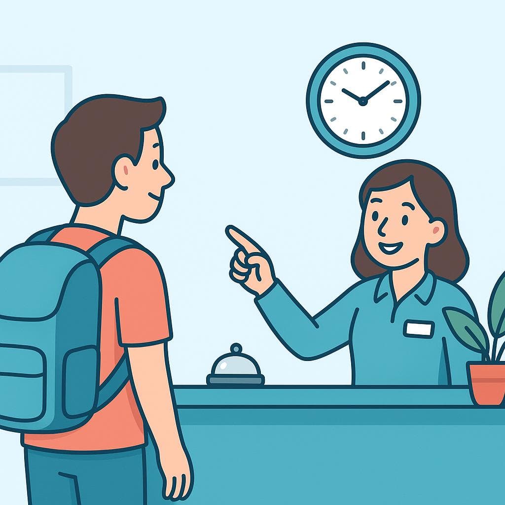 A cartoon tourist asking a hotel receptionist for information, with a clock in the background indicating time.