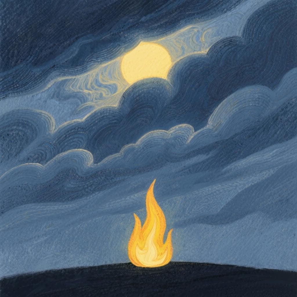 An artistic illustration of a dark, clouded sun with a single, bright flame burning steadfastly in the foreground, representing eternal love.