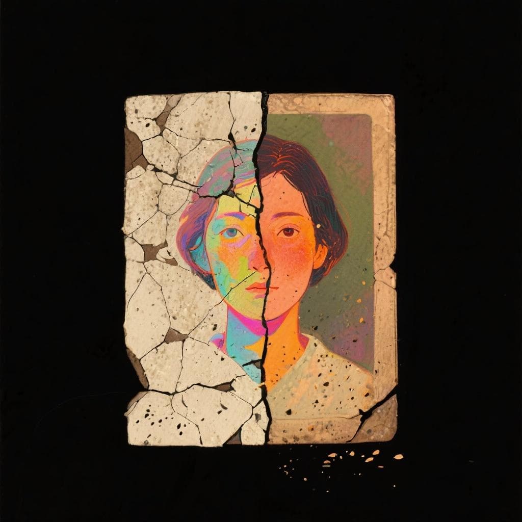 An artistic illustration of a portrait that is vibrant on one side and fading into dust on the other, symbolizing memory versus oblivion.