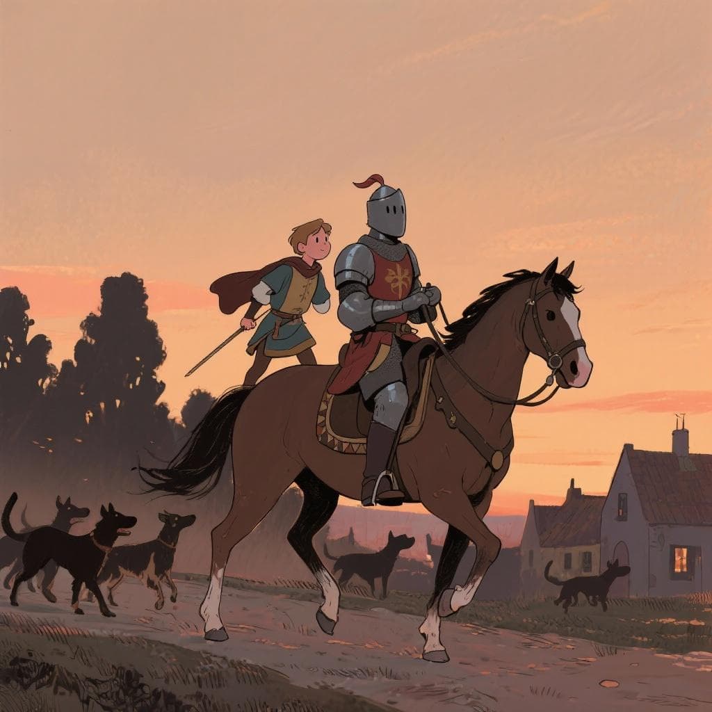 An artistic illustration of a knight and his squire on horseback riding forward at dusk, ignoring distant, shadowy barking dogs.