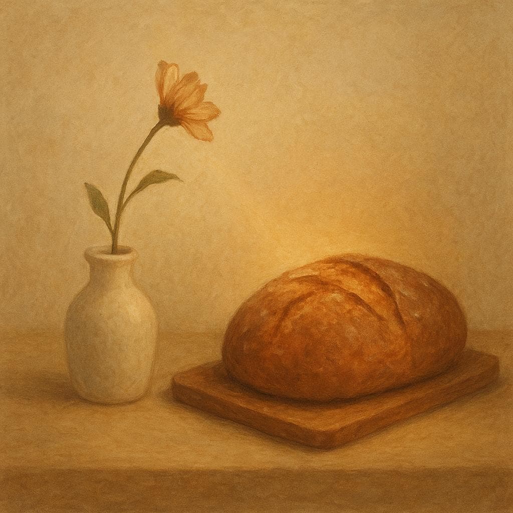 An illustration showing a warm loaf of bread next to a wilting flower that is starting to revive.