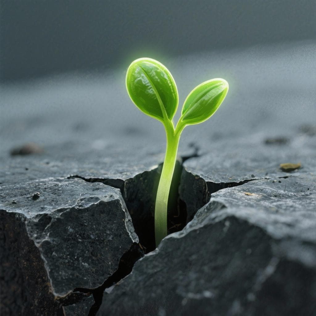 An artistic illustration of a small, glowing sprout growing through a crack in a large stone, symbolizing love's power to overcome obstacles.