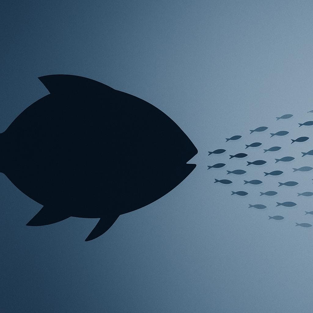 A symbolic representation of power dynamics, with a large entity overshadowing smaller ones.