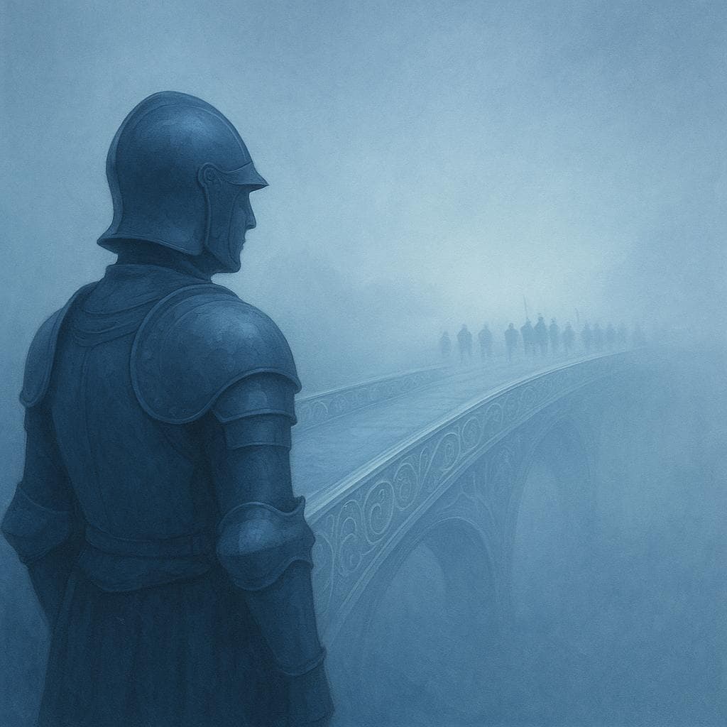 An artistic illustration of a silver bridge extending into the mist, symbolizing a strategic and easy escape for a retreating army.