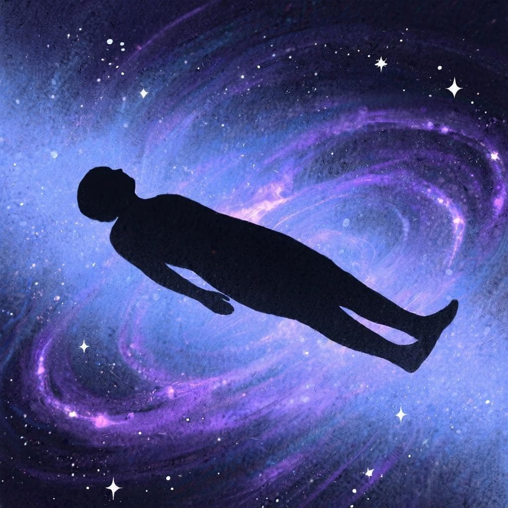 An artistic representation of the uncertainty of death, showing a sleeping figure dissolving into a dark, starry, dream-like space.
