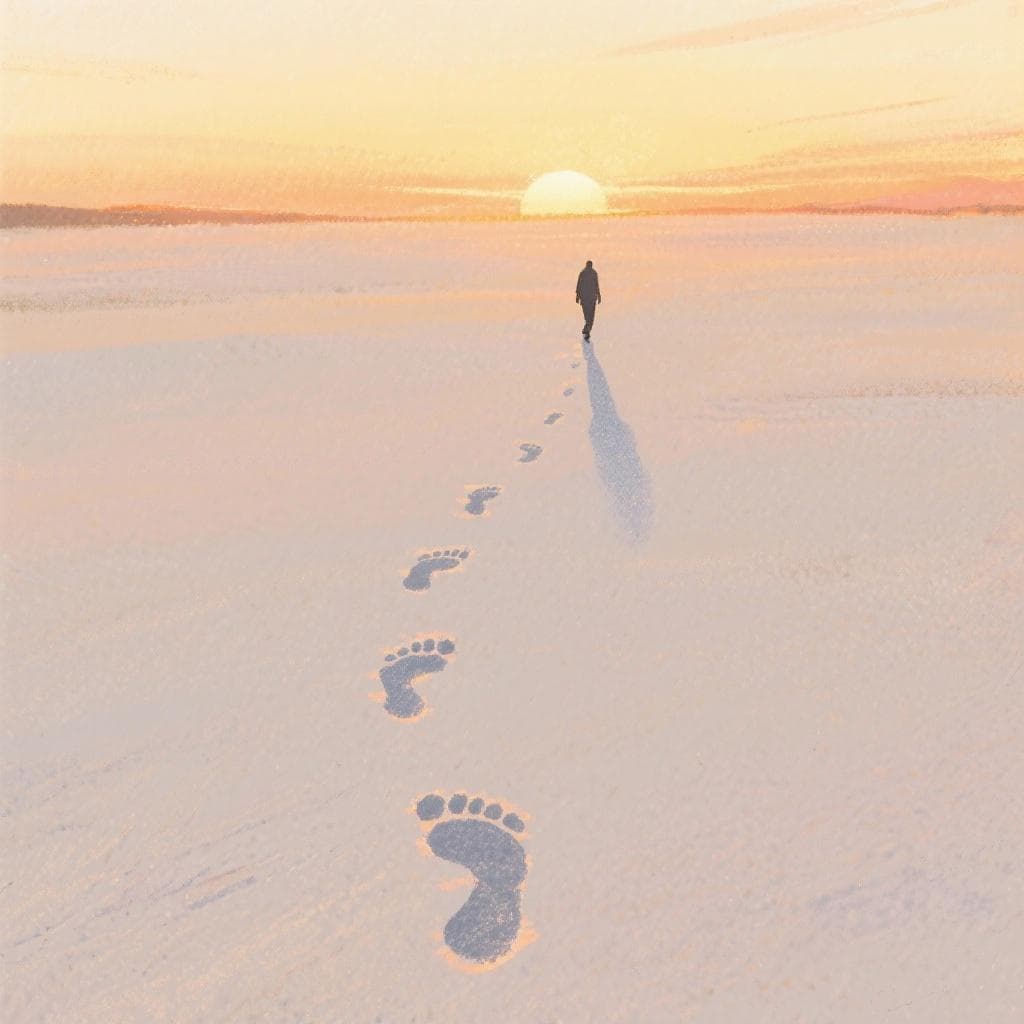 An artistic illustration of footprints appearing on an unmarked landscape, symbolizing the creation of one's own path.