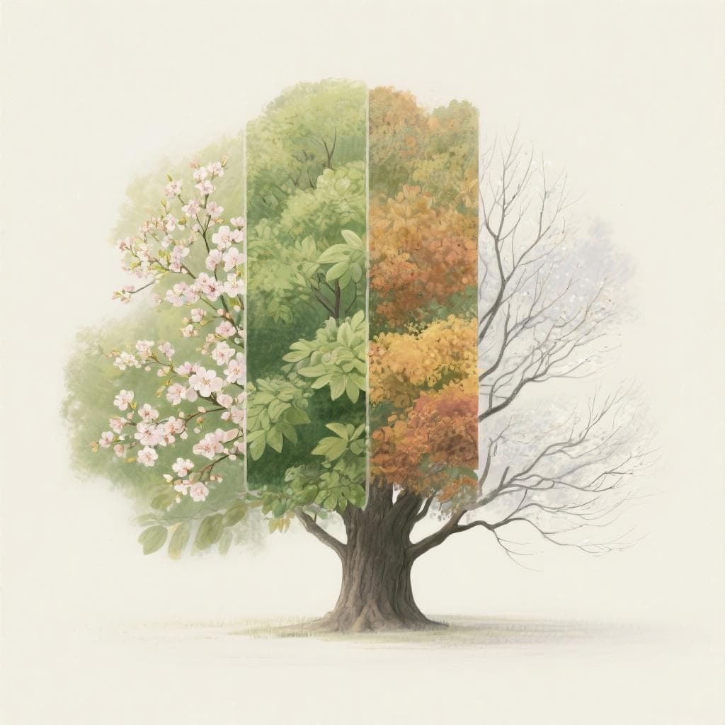 An artistic representation of the eternal present, with a single tree shown through the four seasons simultaneously.