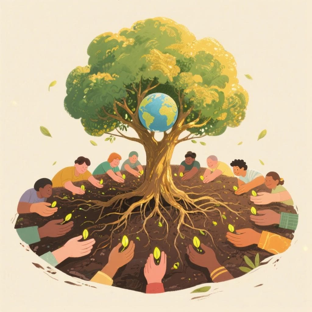 An artistic illustration of many small, diverse hands planting tiny seeds that grow into a large, vibrant tree covering a globe.