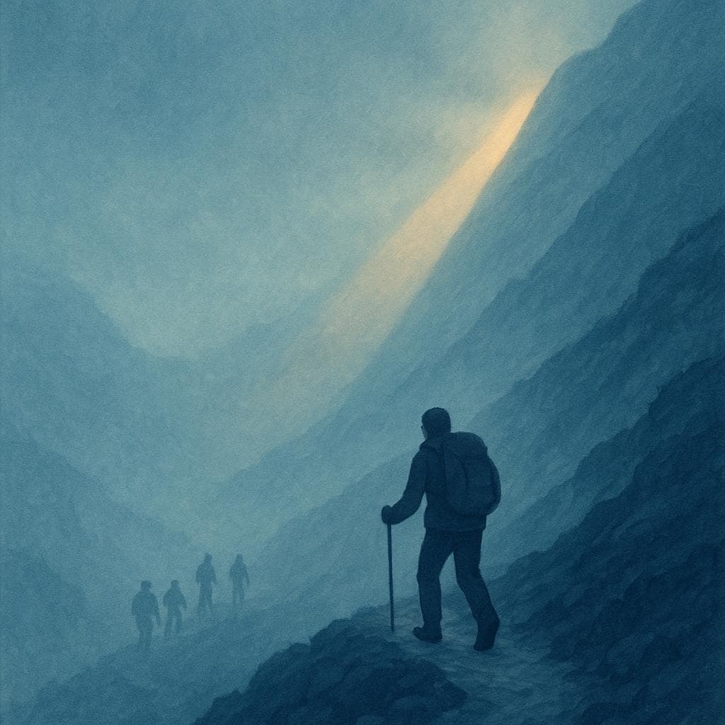 A visual representation of perseverance, showing a lone hiker continuing up a mountain while others have turned back.