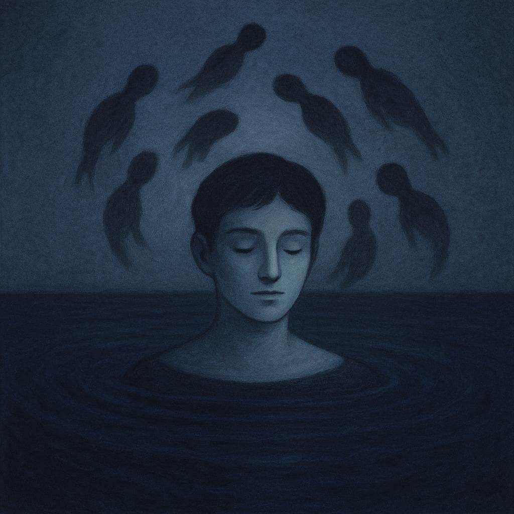 An artistic illustration symbolizing the resilience of sorrow, showing shadowy figures swimming in dark water around a person's head.