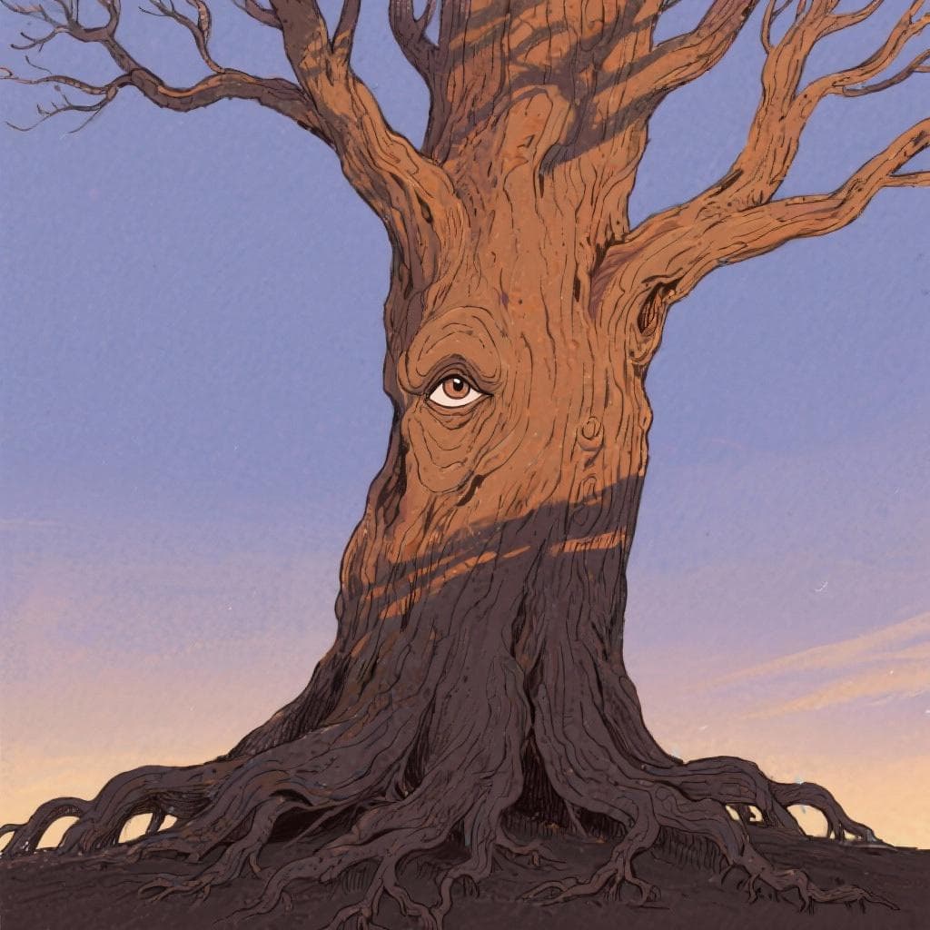 An artistic representation of wisdom gained through age, showing an old, gnarled tree with deep roots.