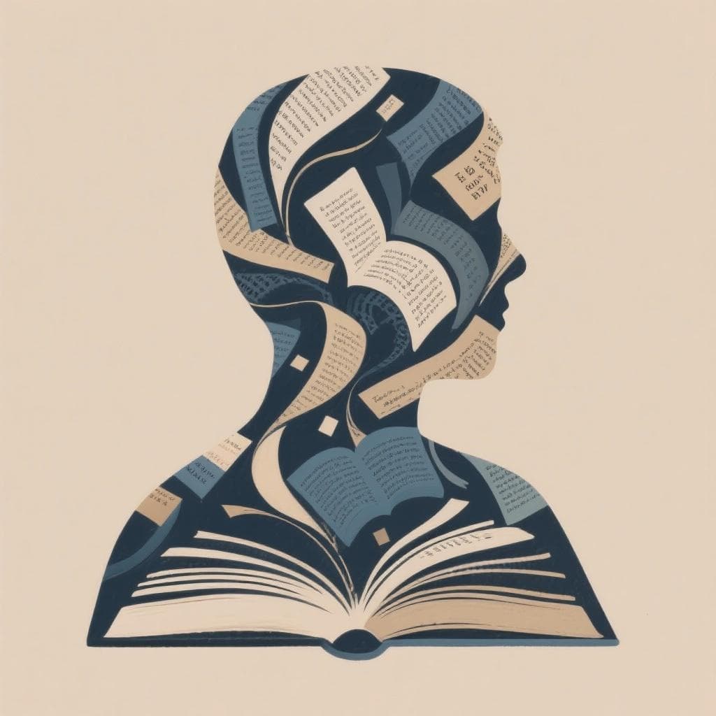 A person's silhouette filled with a collage of book pages, representing an identity built from reading.