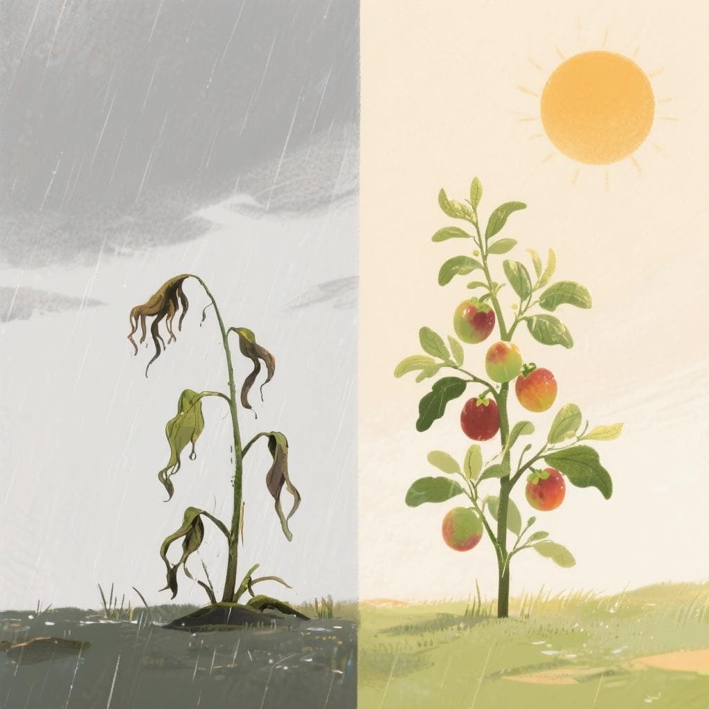 An artistic representation of time healing and maturing, showing a wilting plant transforming into a healthy, fruit-bearing one.