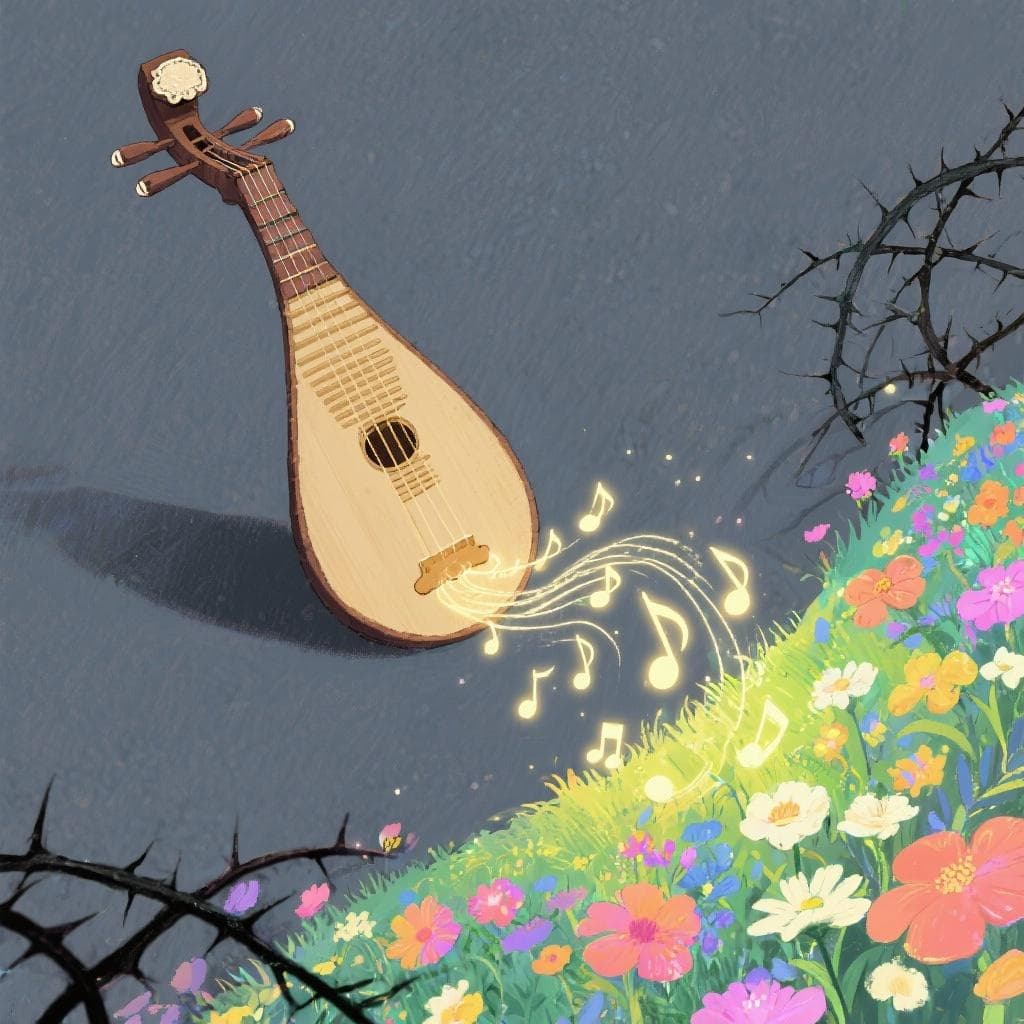 An artistic illustration of musical notes swirling from a lute, transforming a dark, thorny landscape into a bright, floral one.