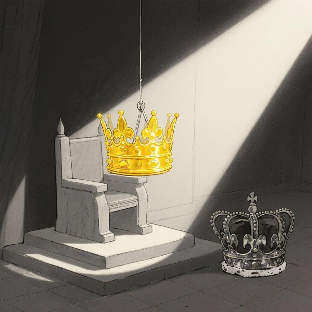 A new, shiny crown being placed on a throne as an old, tarnished crown sits discarded in the shadows.