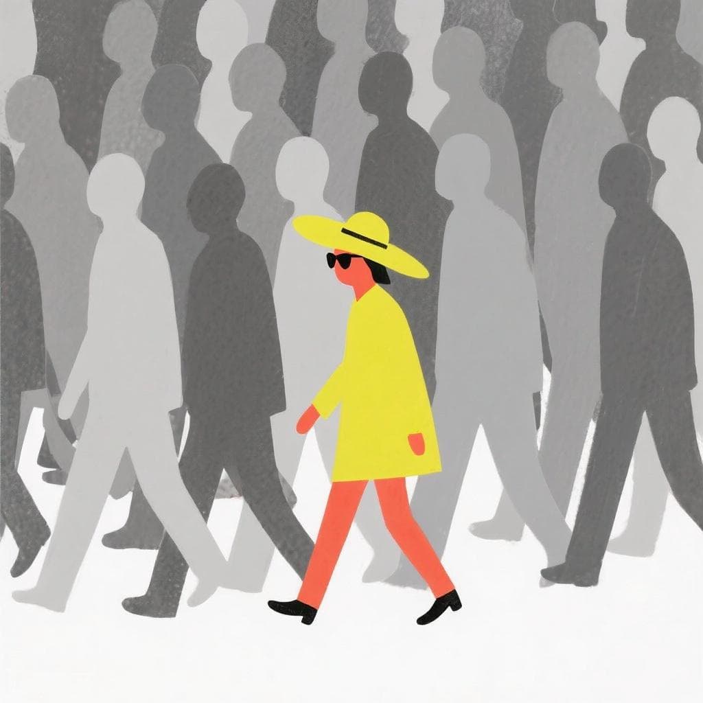 An illustration of a recognizable figure in a simple disguise trying to blend into a crowd of anonymous silhouettes.