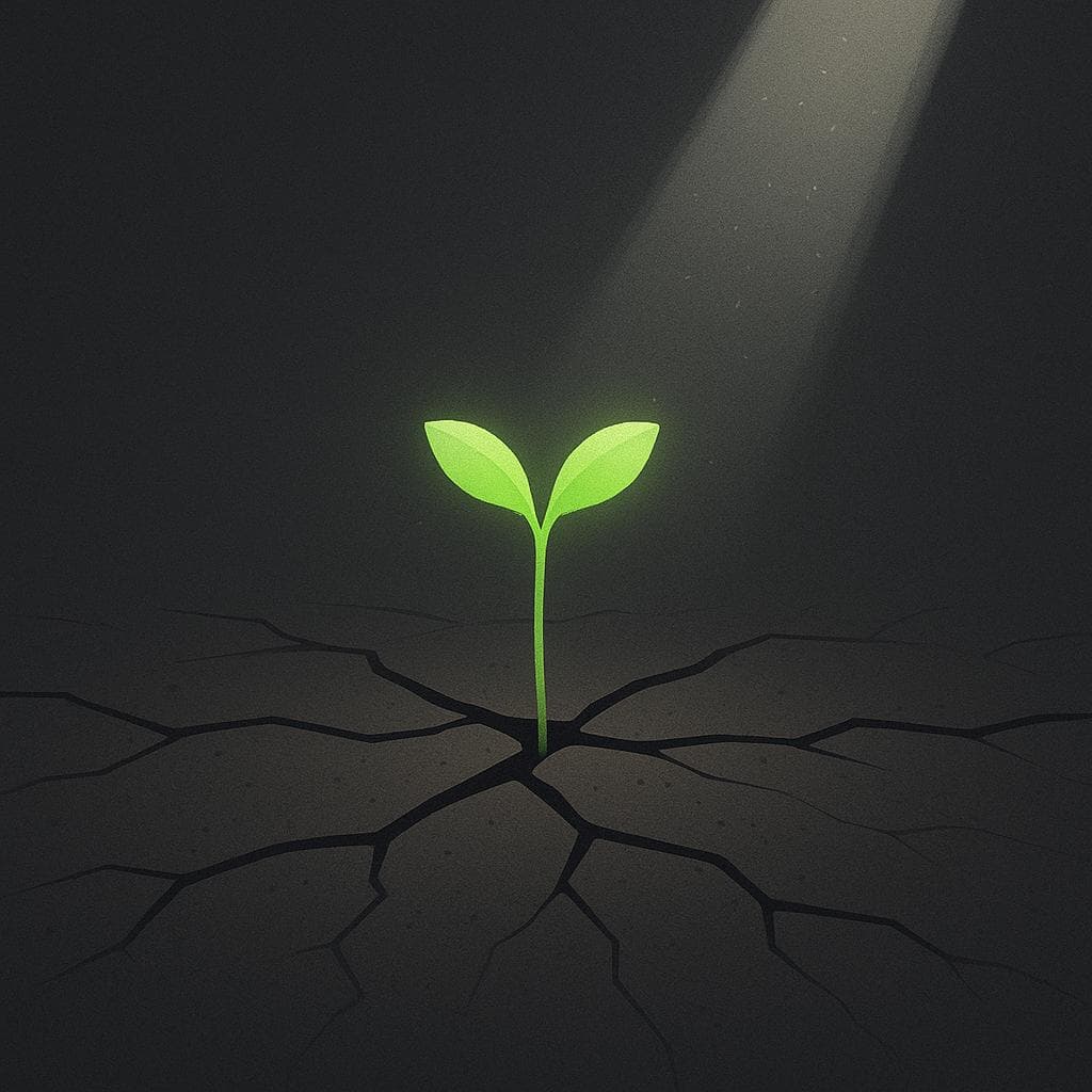 An illustration symbolizing hope as a single glowing sprout in a dark, cracked landscape.