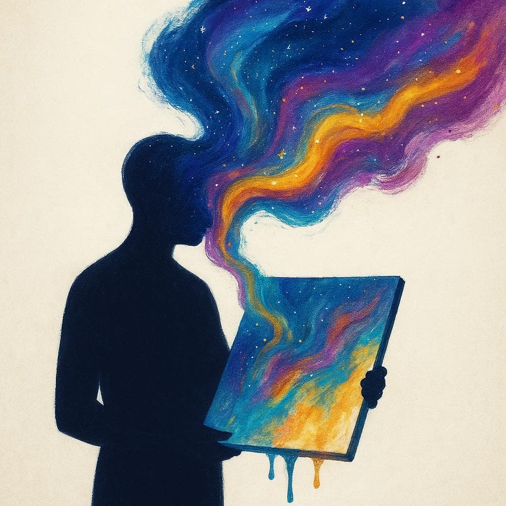 An artist's mind filled with swirling colors that flow onto a canvas, representing the connection between dream and creation.