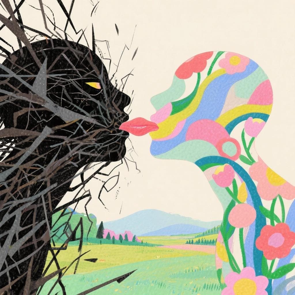 An artistic representation of a kiss transforming a chaotic world into a harmonious one.