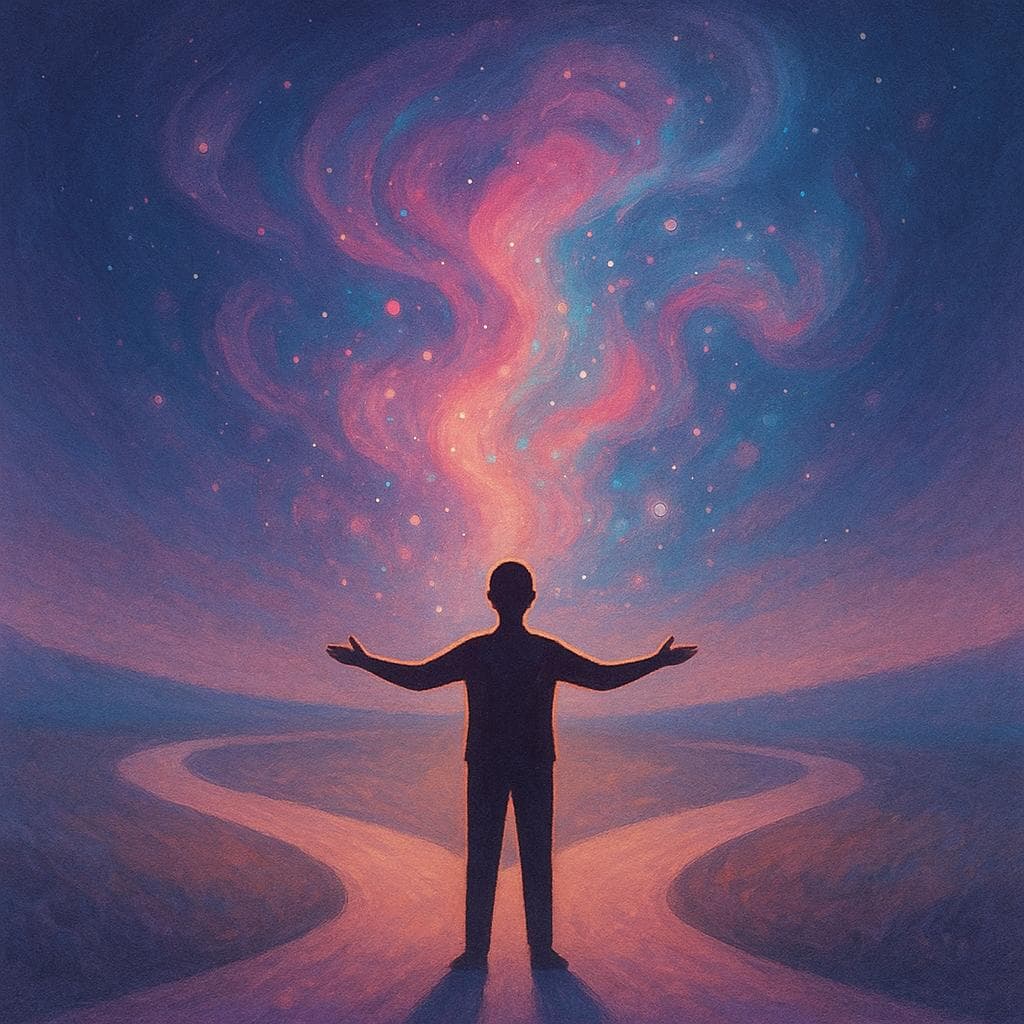An artistic illustration of a person with open arms facing a path that splits into many colorful, glowing directions.