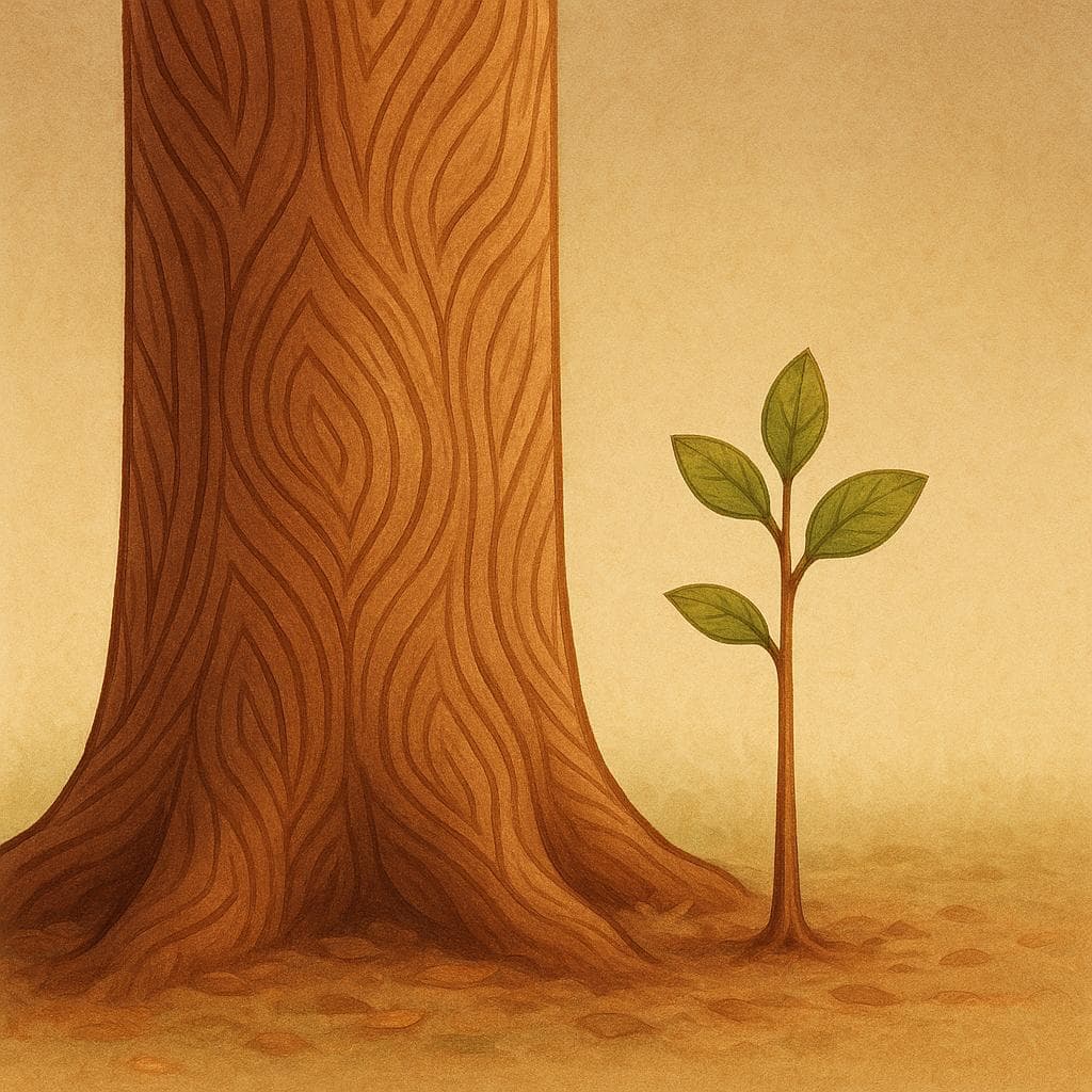 An artistic illustration showing a large, sturdy tree with a small sapling growing right next to it, sharing the same bark pattern.
