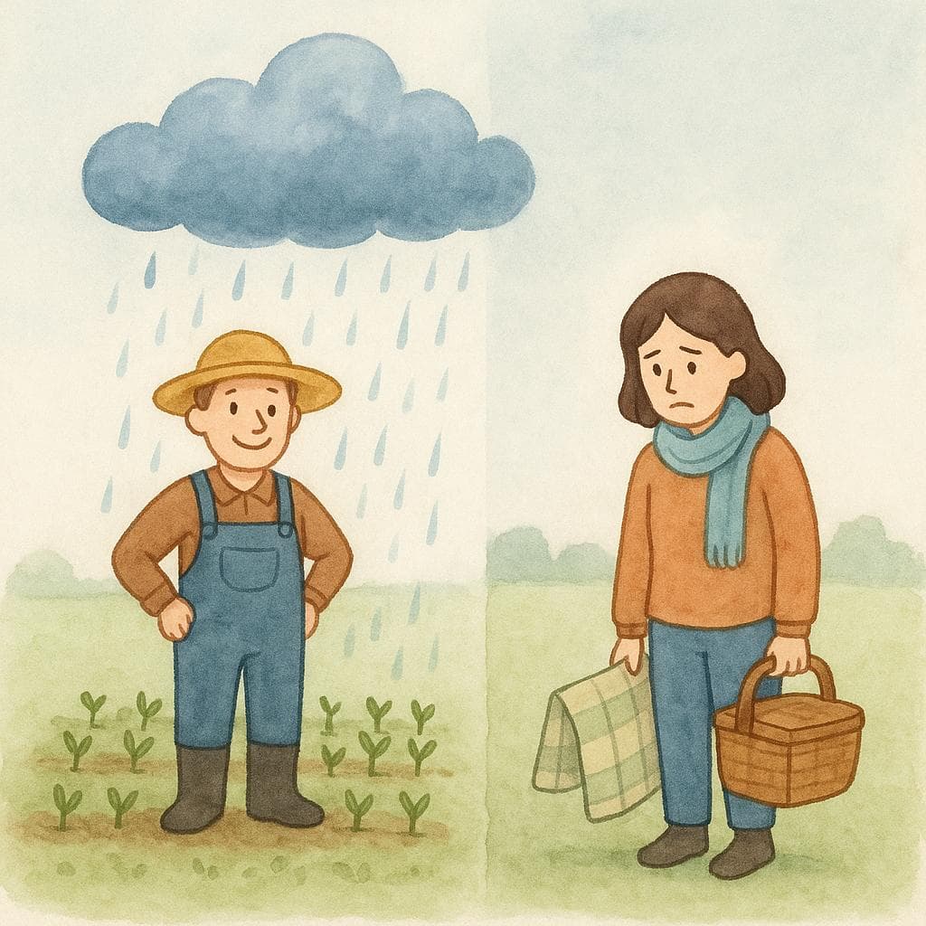 An illustration showing rain making a farmer happy and a picnicker sad, representing the proverb 'You can't please everyone'.