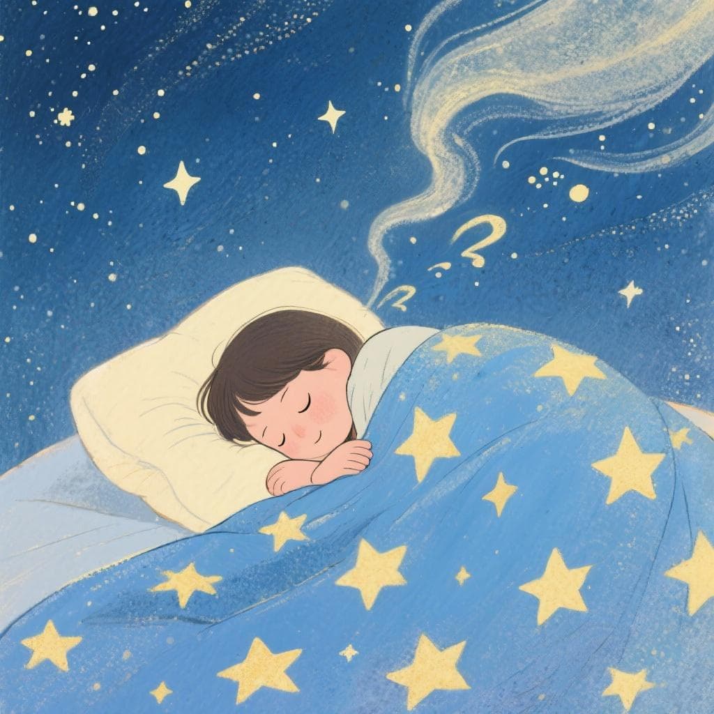 An illustration of a person sleeping peacefully under a starry sky, with their worries floating away like gentle clouds.