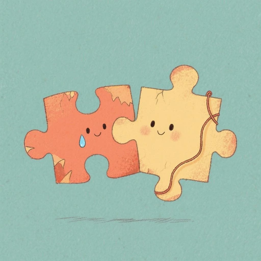 An artistic illustration of two charming, mismatched puzzle pieces fitting together perfectly.