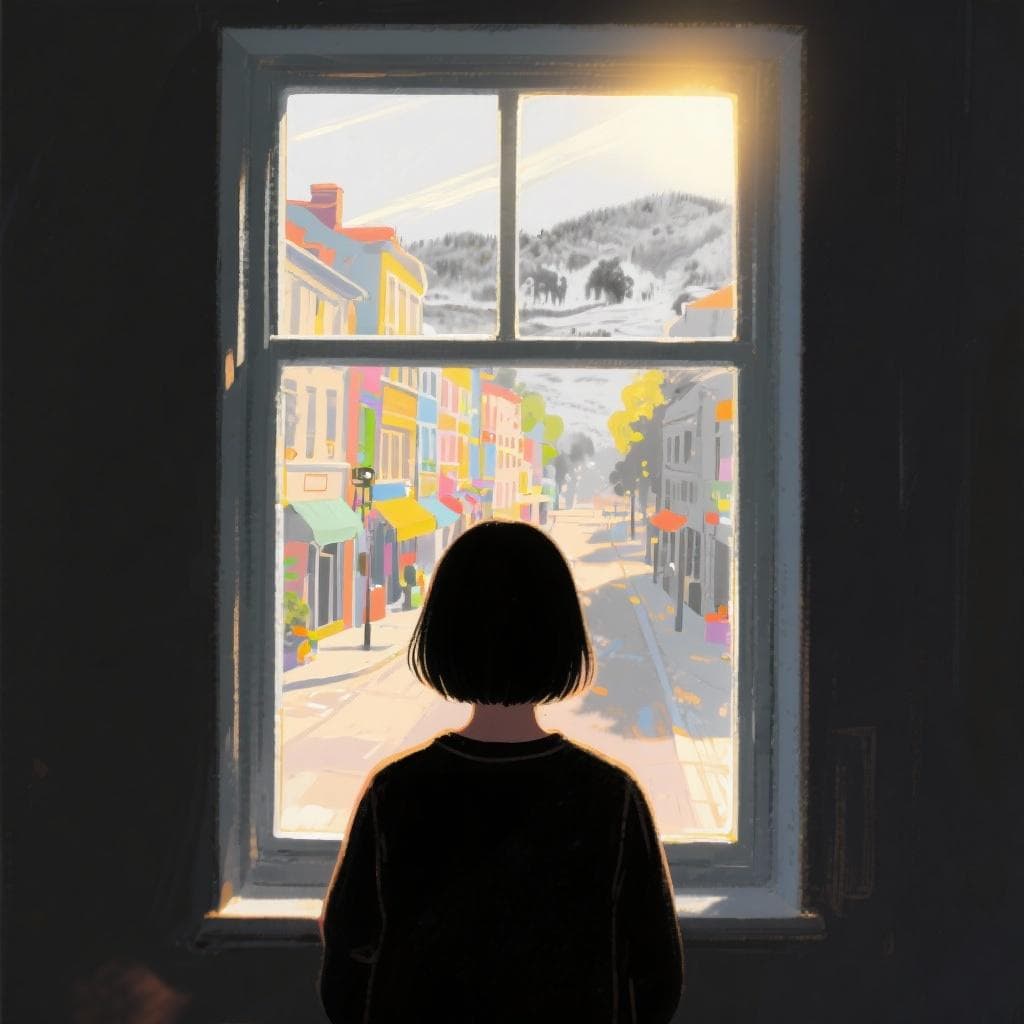 A person looking out a window at a vibrant, real city, while their blurry, dream-like reflection is visible in the glass.