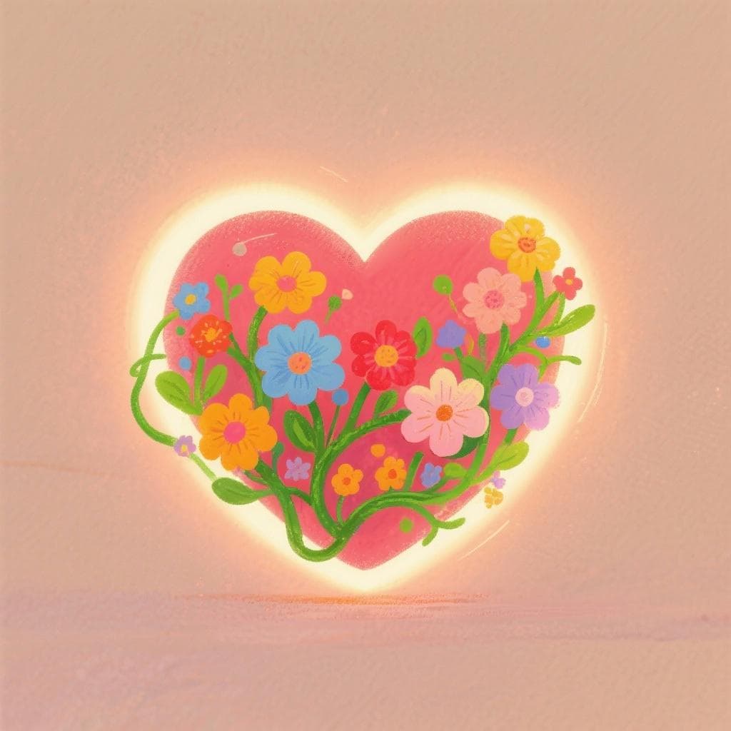 An artistic illustration of a human heart with vibrant flowers and plants growing out of it.