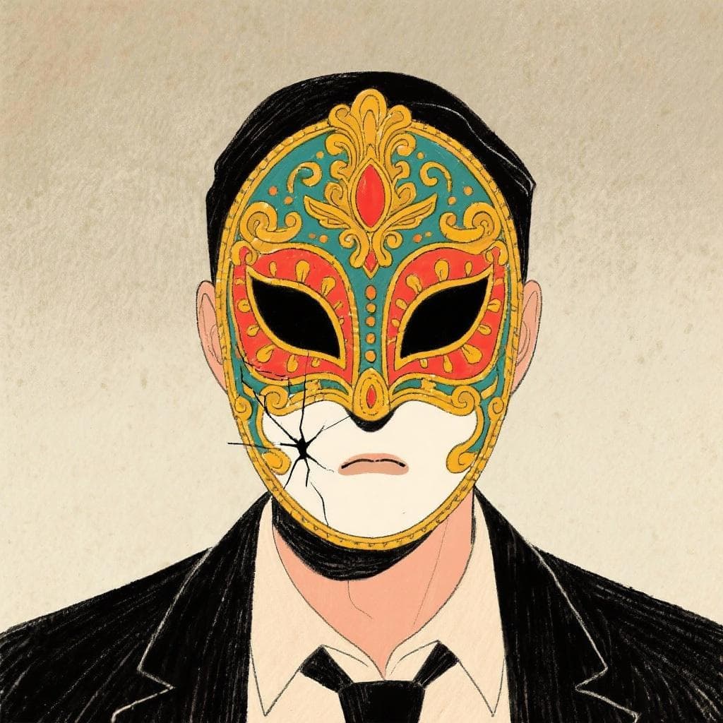 An artistic representation of a person wearing a boastful mask that is cracking to reveal a simple, unadorned face, symbolizing the proverb's theme of insecurity.