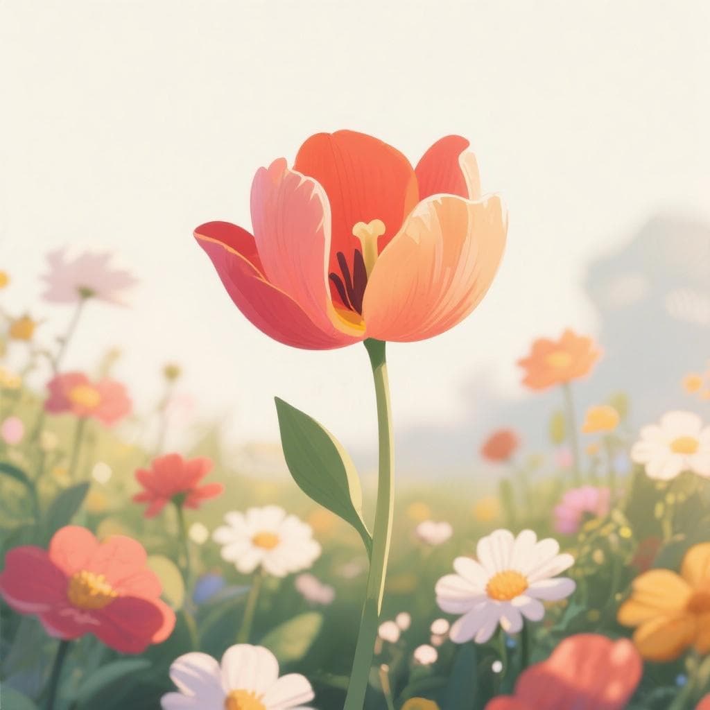 An illustration of a single flower blooming late in a garden where other flowers are already in full bloom.