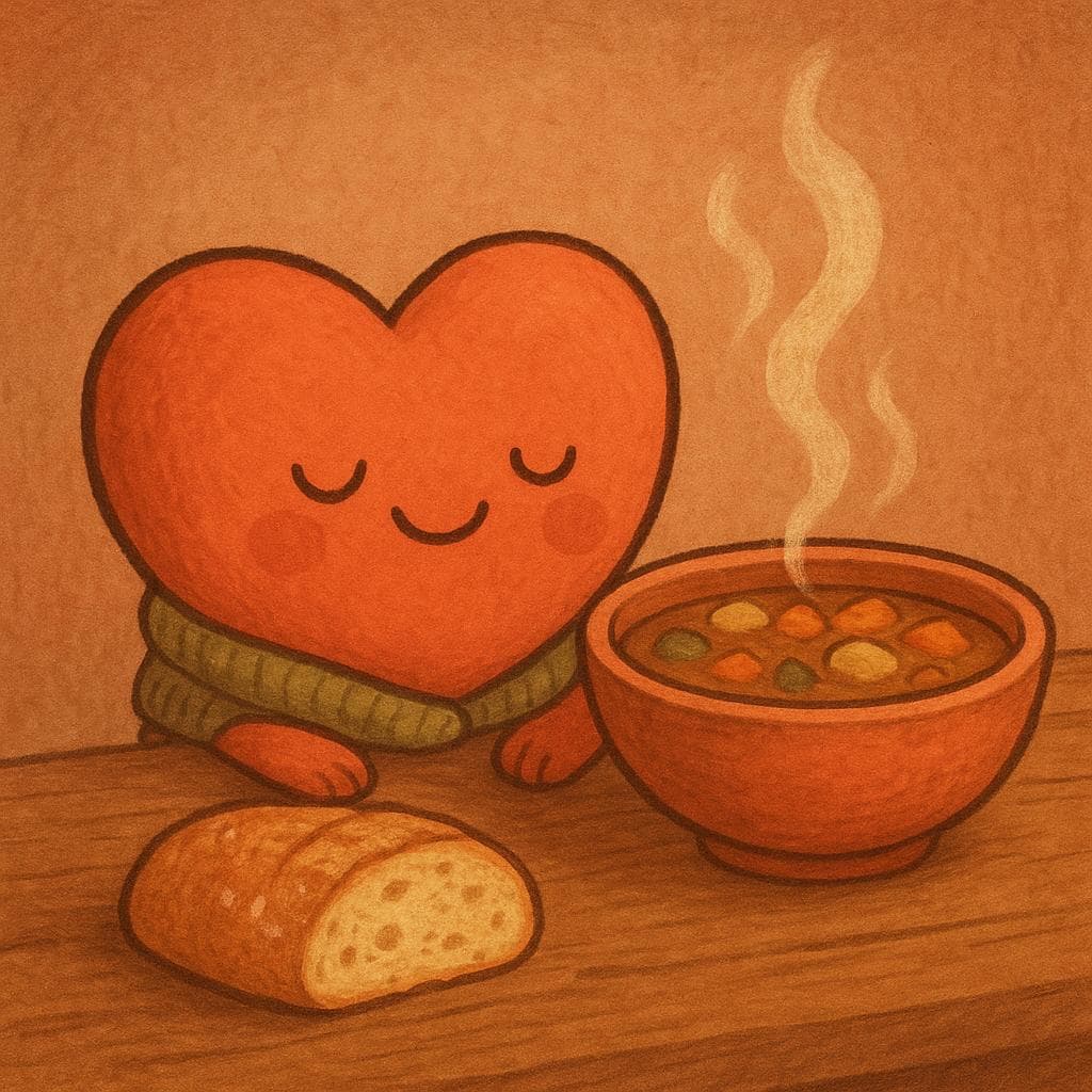An illustration of a smiling heart character sitting contentedly next to a steaming bowl of soup on a rustic table.