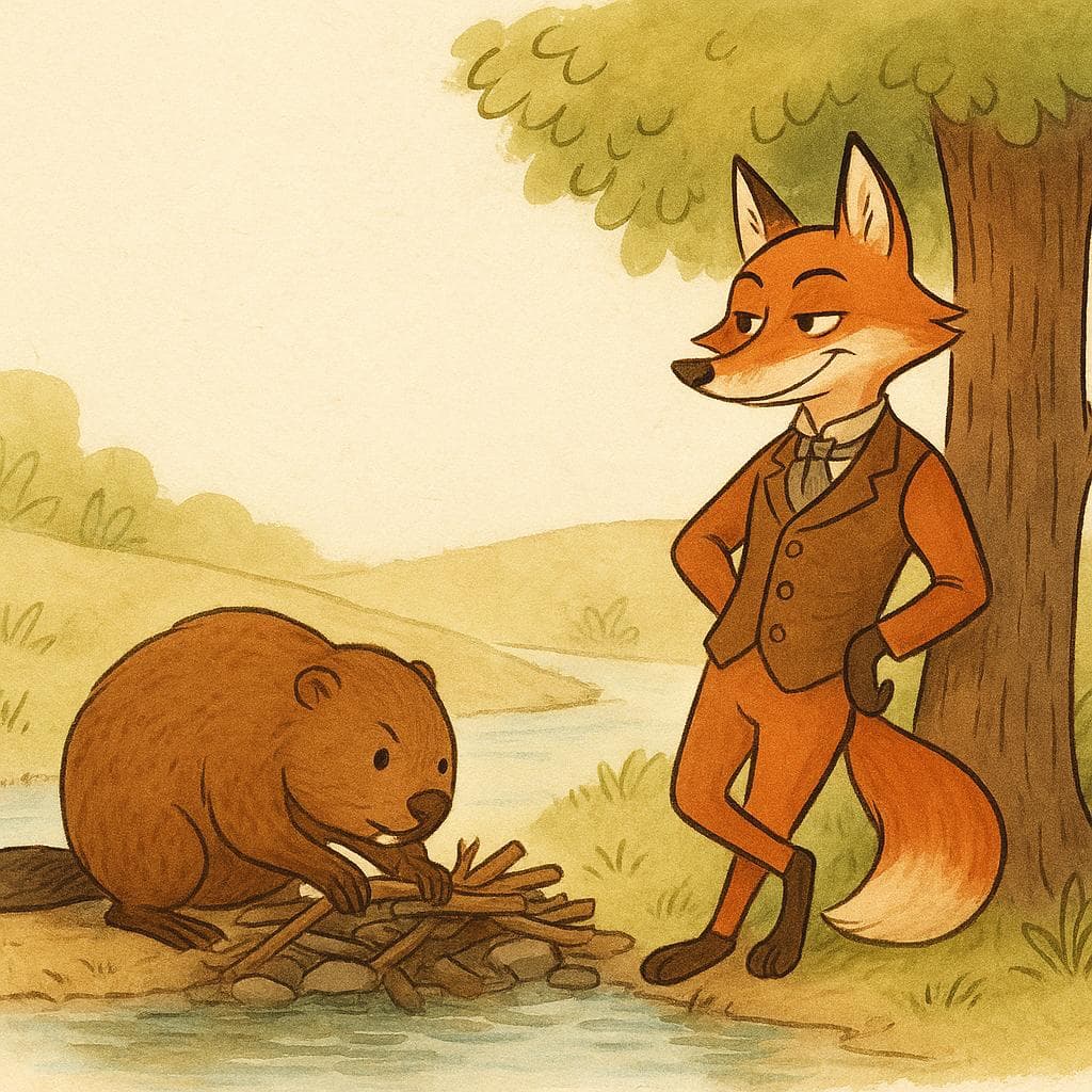 An illustration of a sly fox watching a diligent beaver build a dam, representing the theme of cunning vs. hard work.
