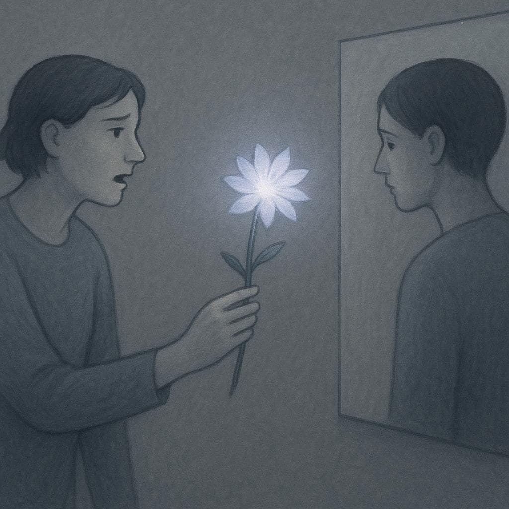 An illustration showing one person offering a flower to another who is turned away, representing the theme of indifference.