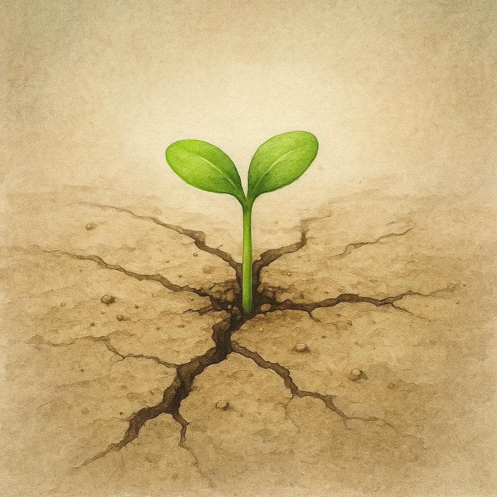 An artistic illustration of a single green sprout growing through cracked, dry earth, symbolizing hope and sacrifice.