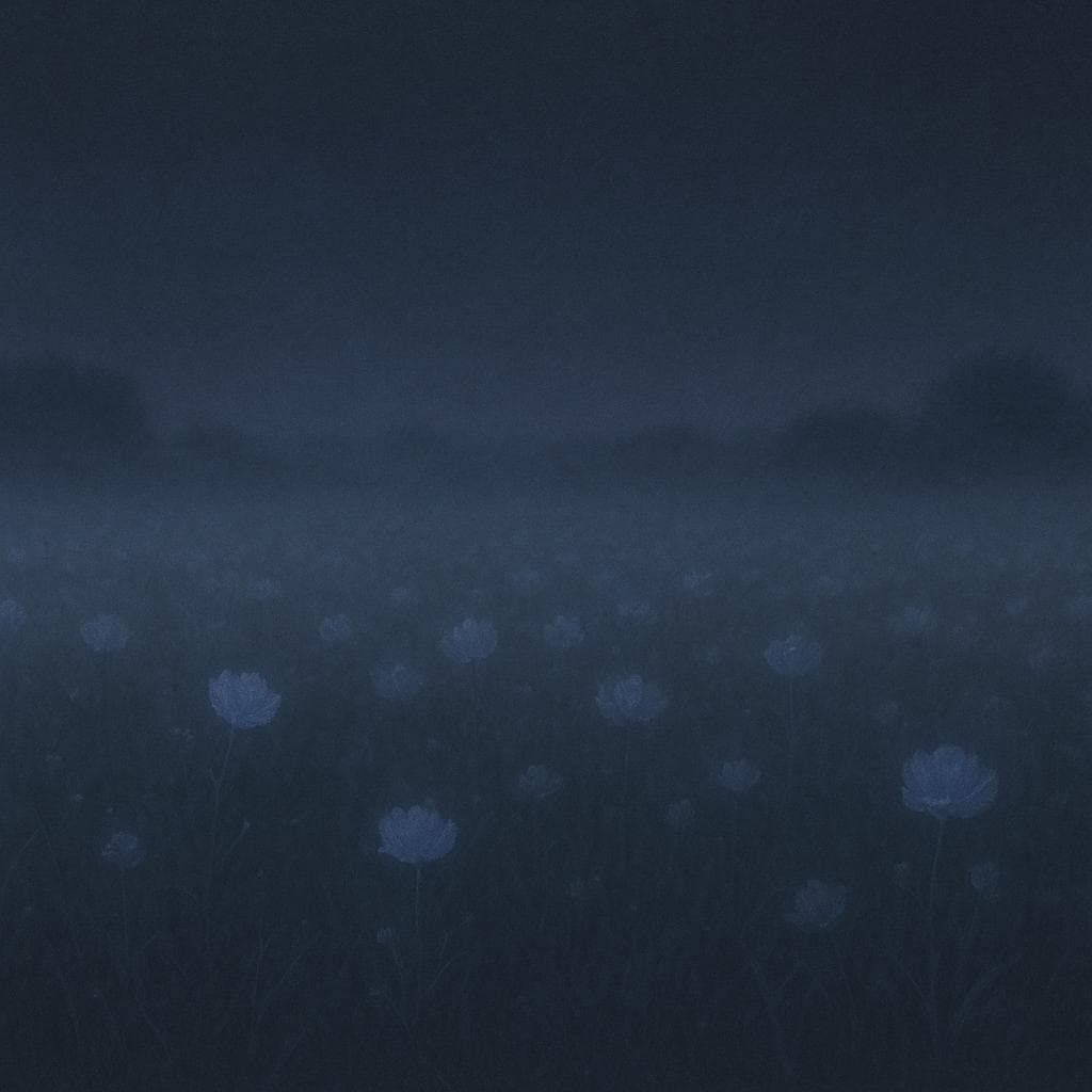 An artistic illustration of a vast, misty garden under a starless, moonless sky, conveying a sense of eternal twilight and forgetfulness.