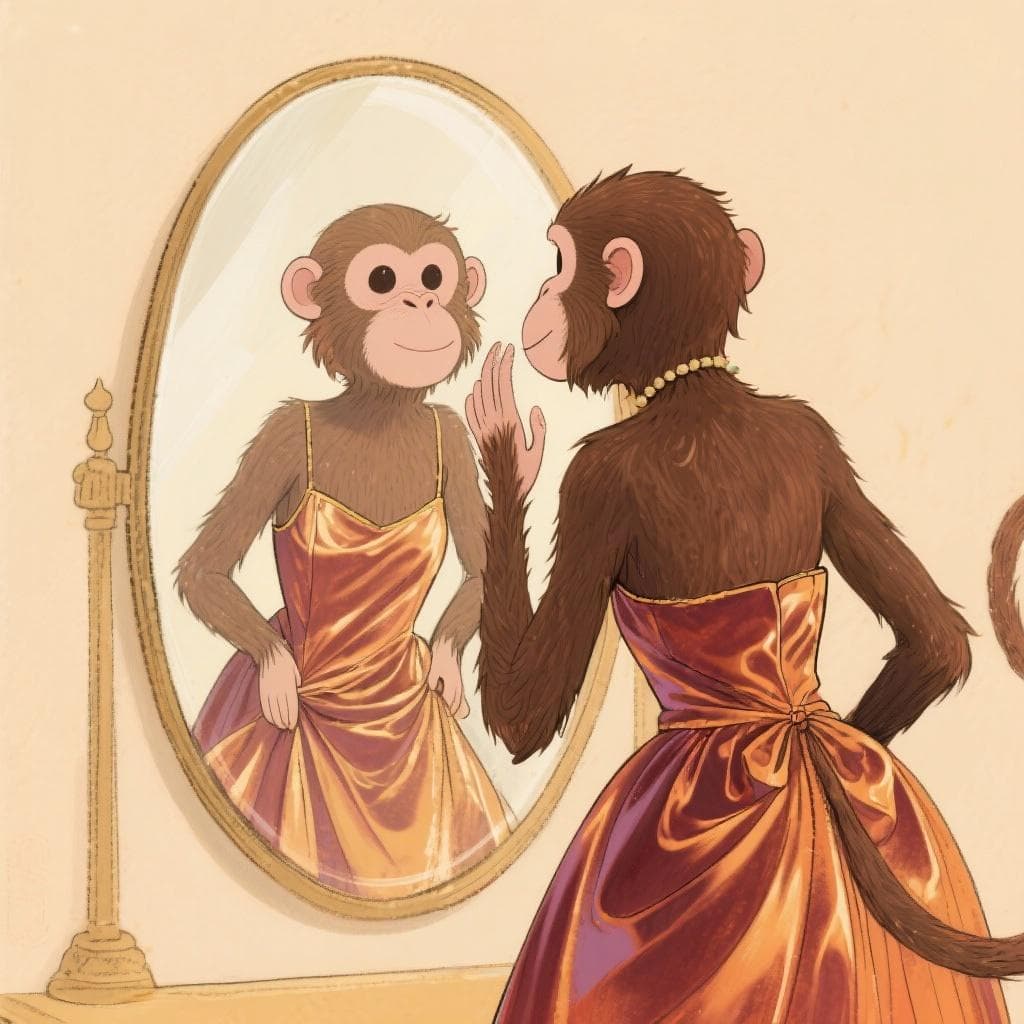 An illustration of a monkey in a fancy dress looking at its reflection, which shows a regular monkey without the dress.