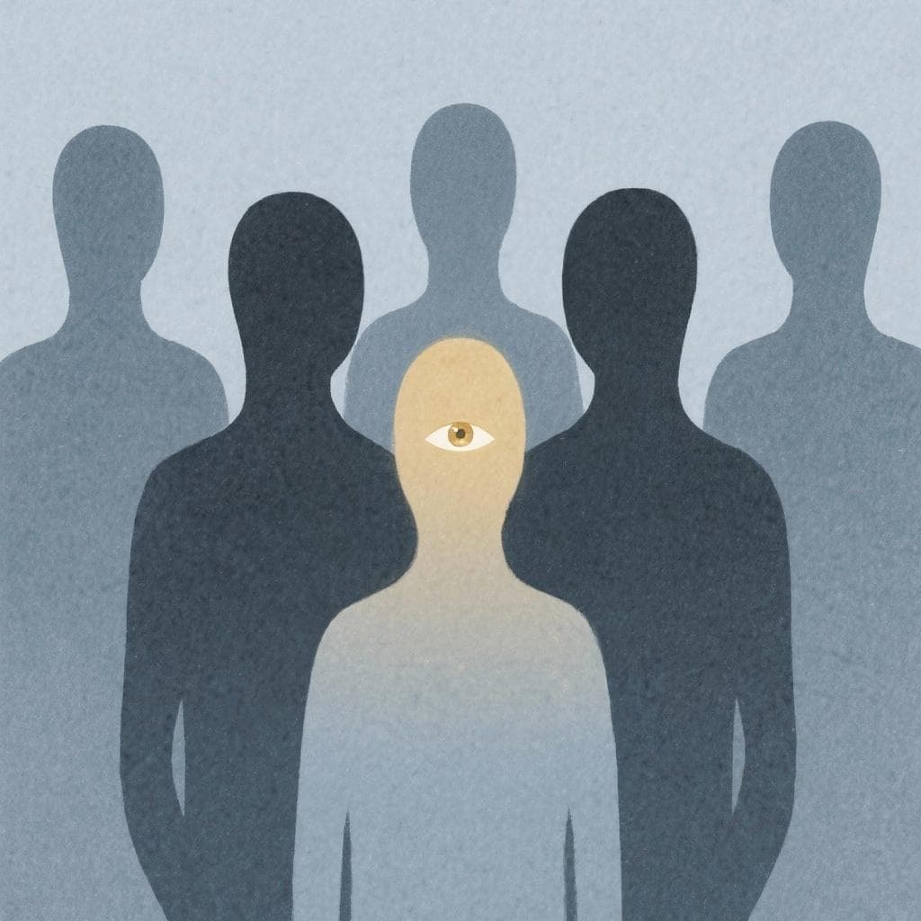 An artistic representation of the proverb 'In the land of the blind, the one-eyed man is king', showing one illuminated figure among many shadows.