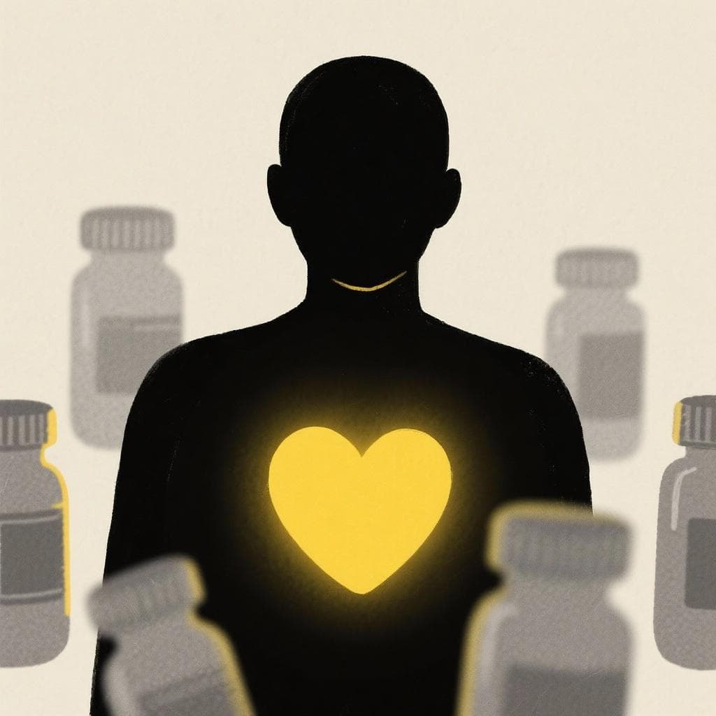 An illustration of a human silhouette with a brightly glowing heart, with medicine bottles pushed into the background.