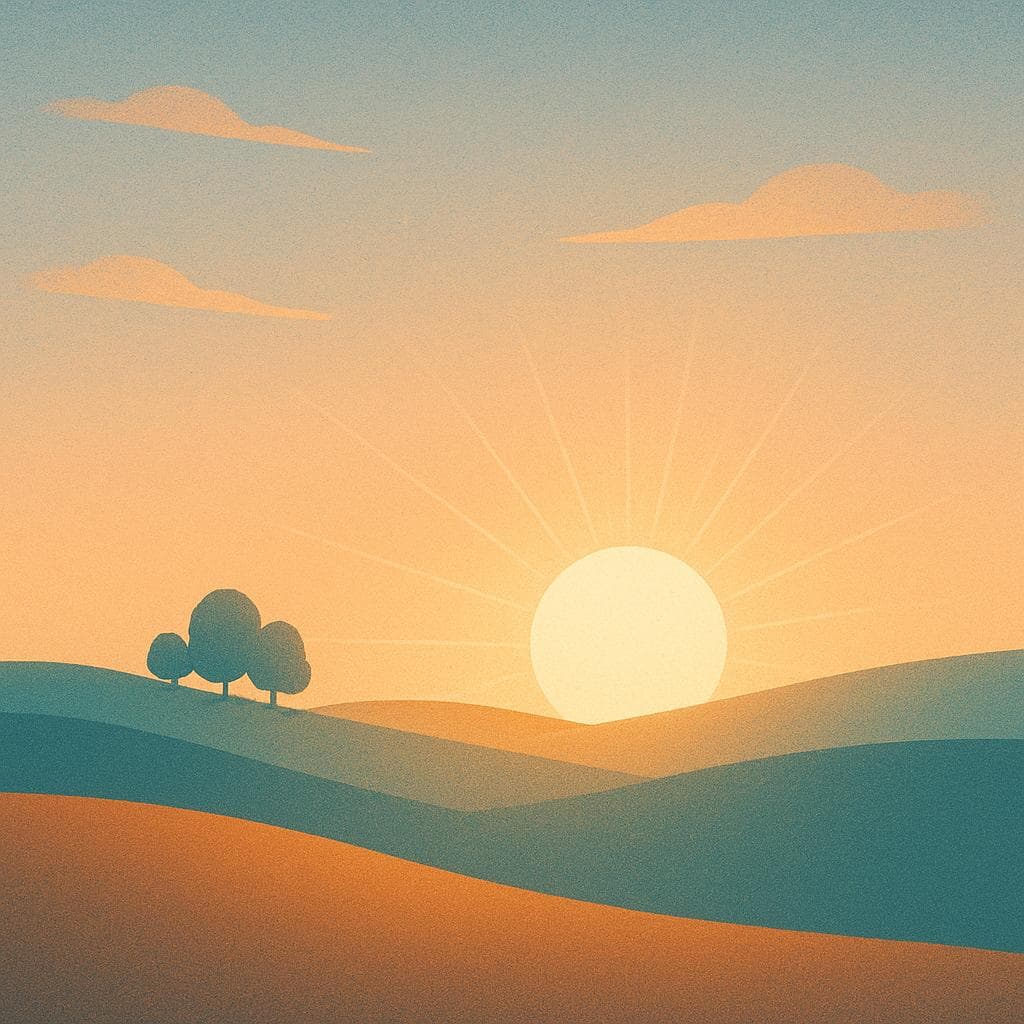 Illustration of a hopeful sunrise over a calm landscape, representing the new beginning promised by 'Mañana será otro día.'
