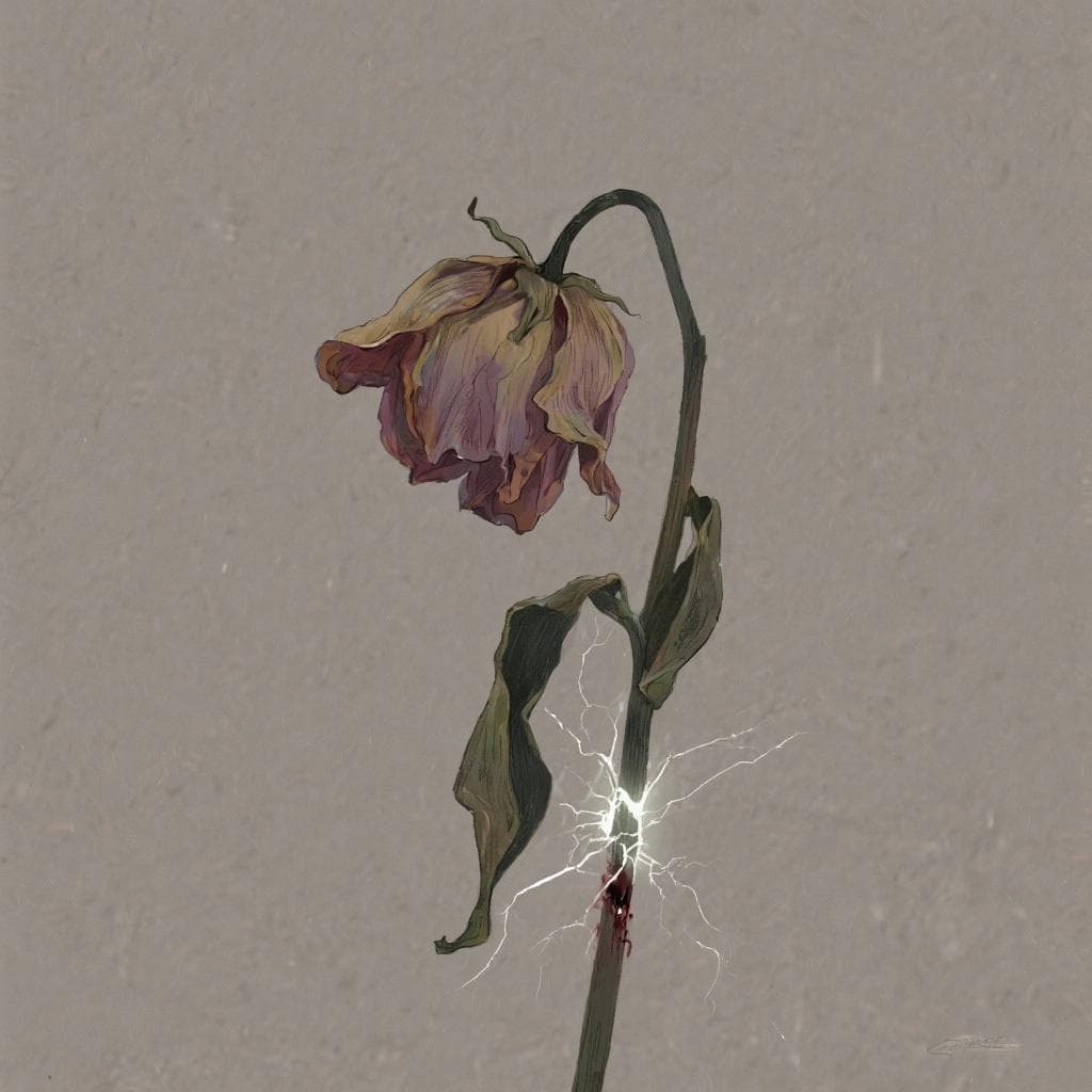 An artistic illustration of a single, wilting flower with a glowing crack running through its stem.