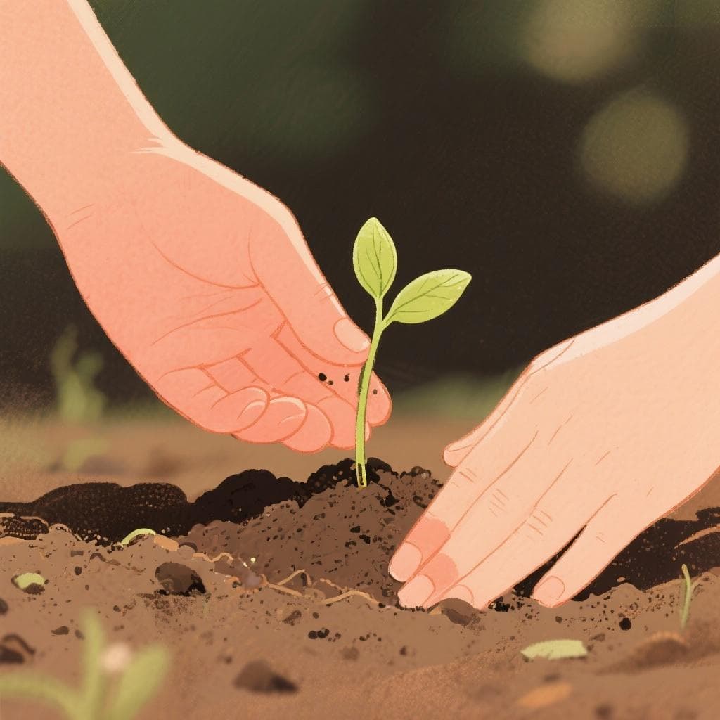 Illustration of hands planting a seedling, representing how love and faith are shown through actions.