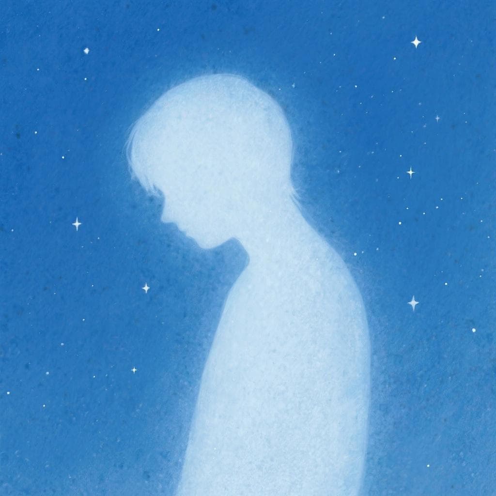 An artistic illustration of a person's silhouette that appears translucent, fading into a dreamy, starry background.