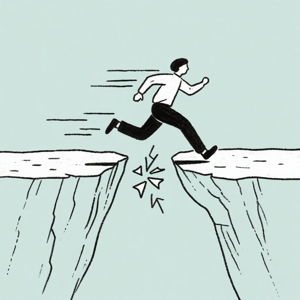 An illustration of a person confidently and quickly crossing a rickety bridge, symbolizing facing a challenge head-on.