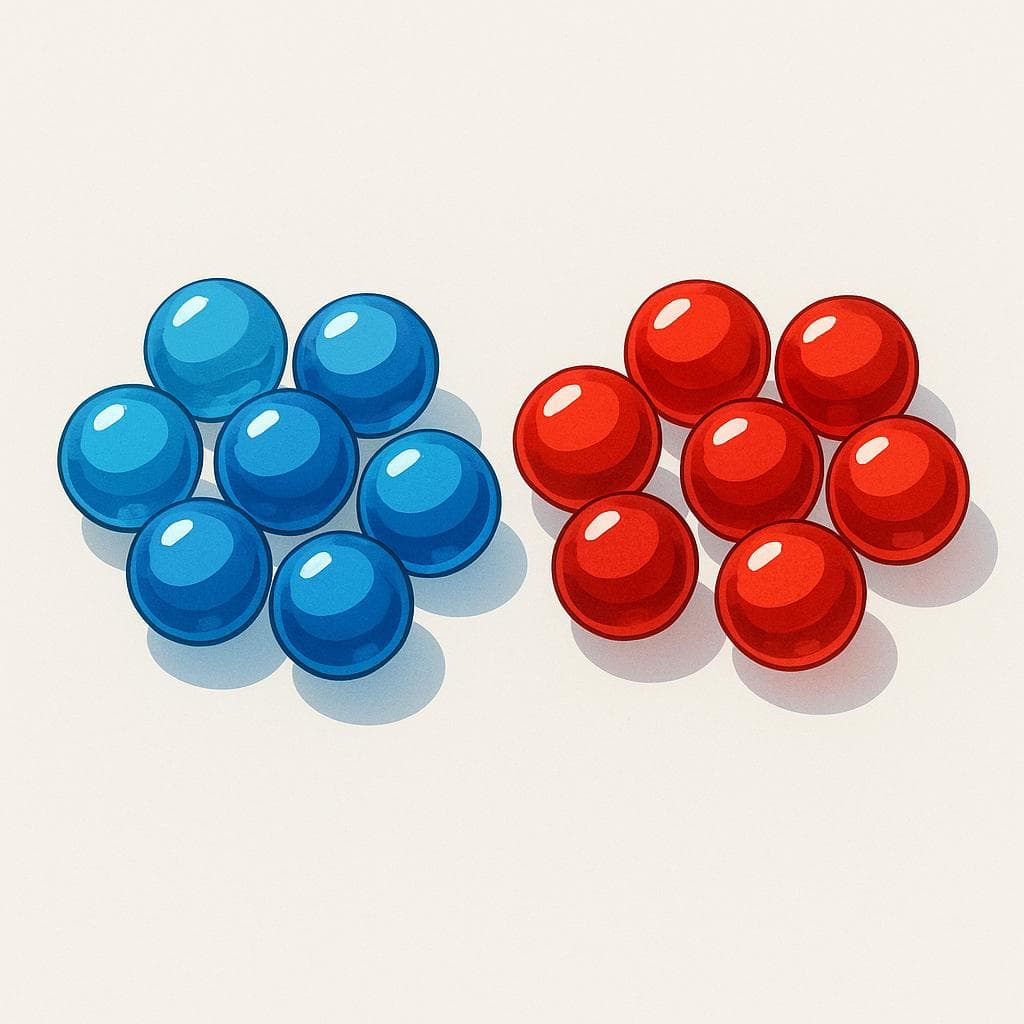 An artistic illustration showing two distinct groups of colorful marbles next to each other, but not mixed.
